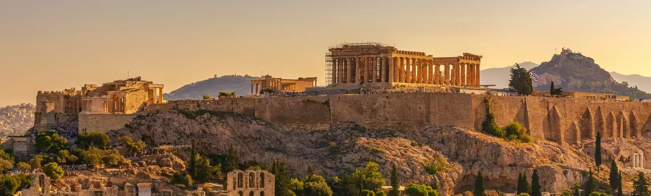 Lycabettus and Acropolis of Athens view from Filopappou hill a summer sunny day